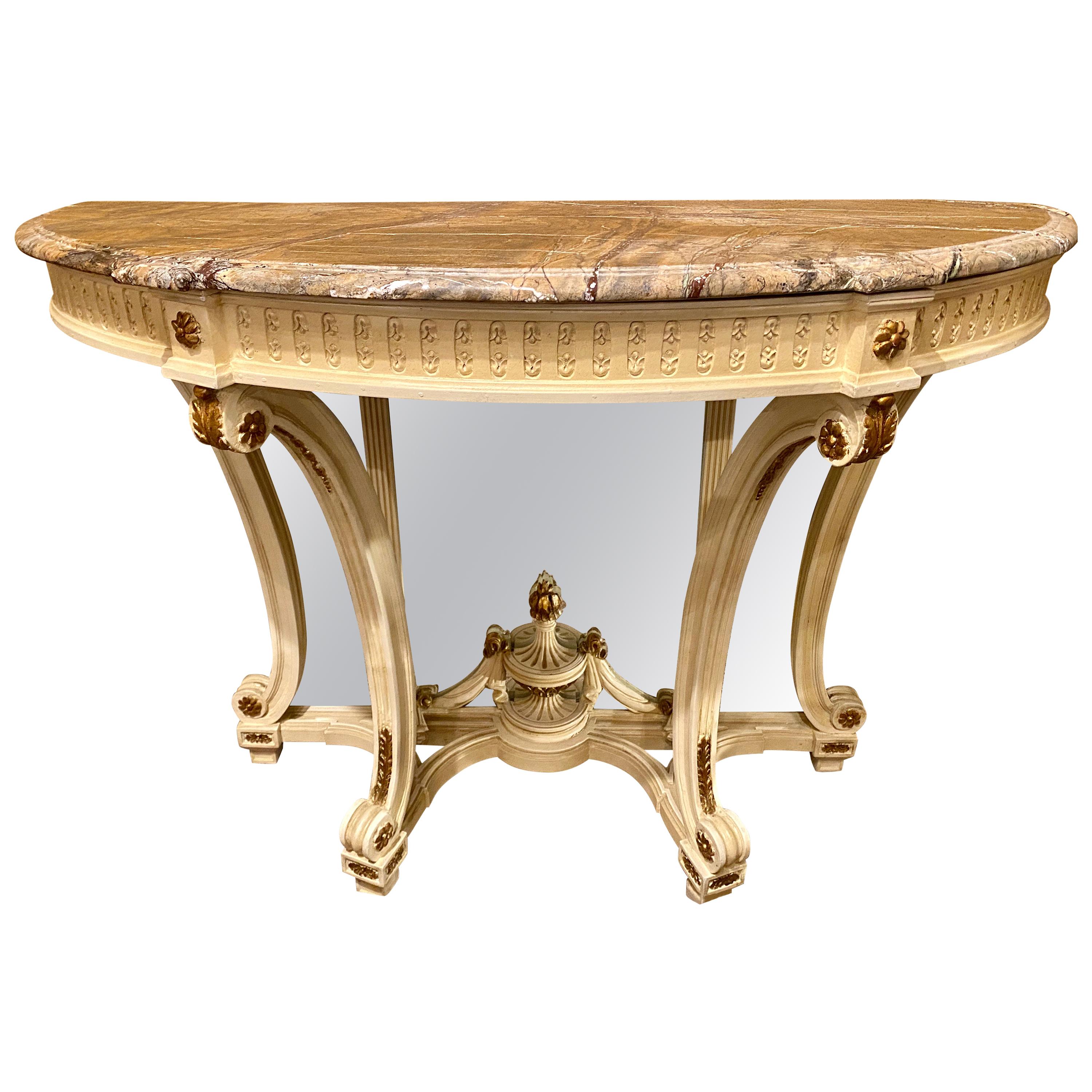 Demilune Console Hollywood Regency Style Marble-Top with Beveled Mirror Back
