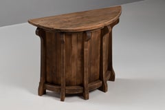 Demilune Console Table / Dry Bar in Solid Elm, Slatted Drum Base, France, 1950s