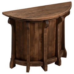 Demilune Console Table / Dry Bar in Solid Elm, Slatted Drum Base, France, 1950s