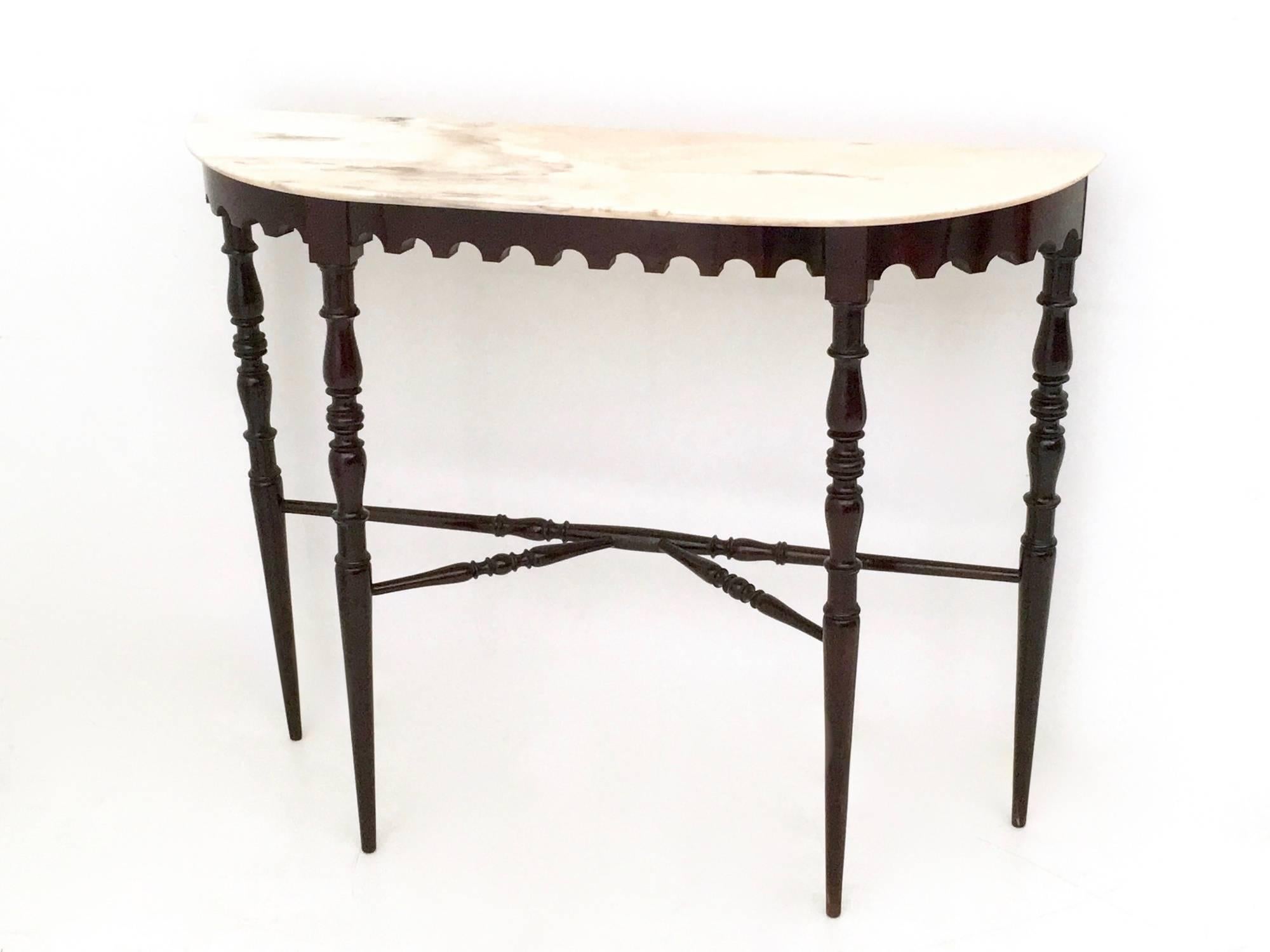 Italian Demilune Ebonized Beech Console Table with a Portuguese Pink Marble Top, 1950s