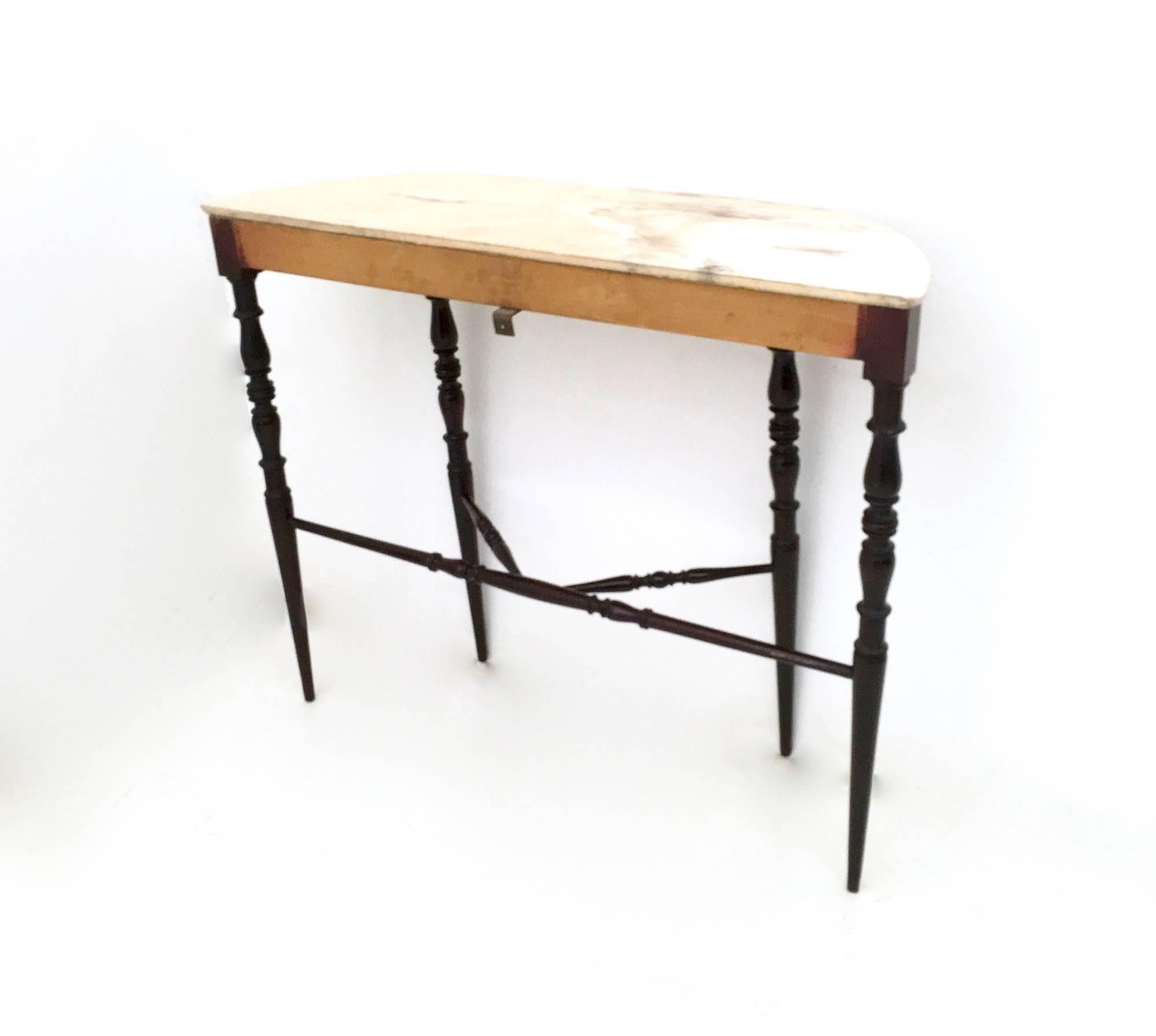 Mid-20th Century Demilune Ebonized Beech Console Table with a Portuguese Pink Marble Top, 1950s
