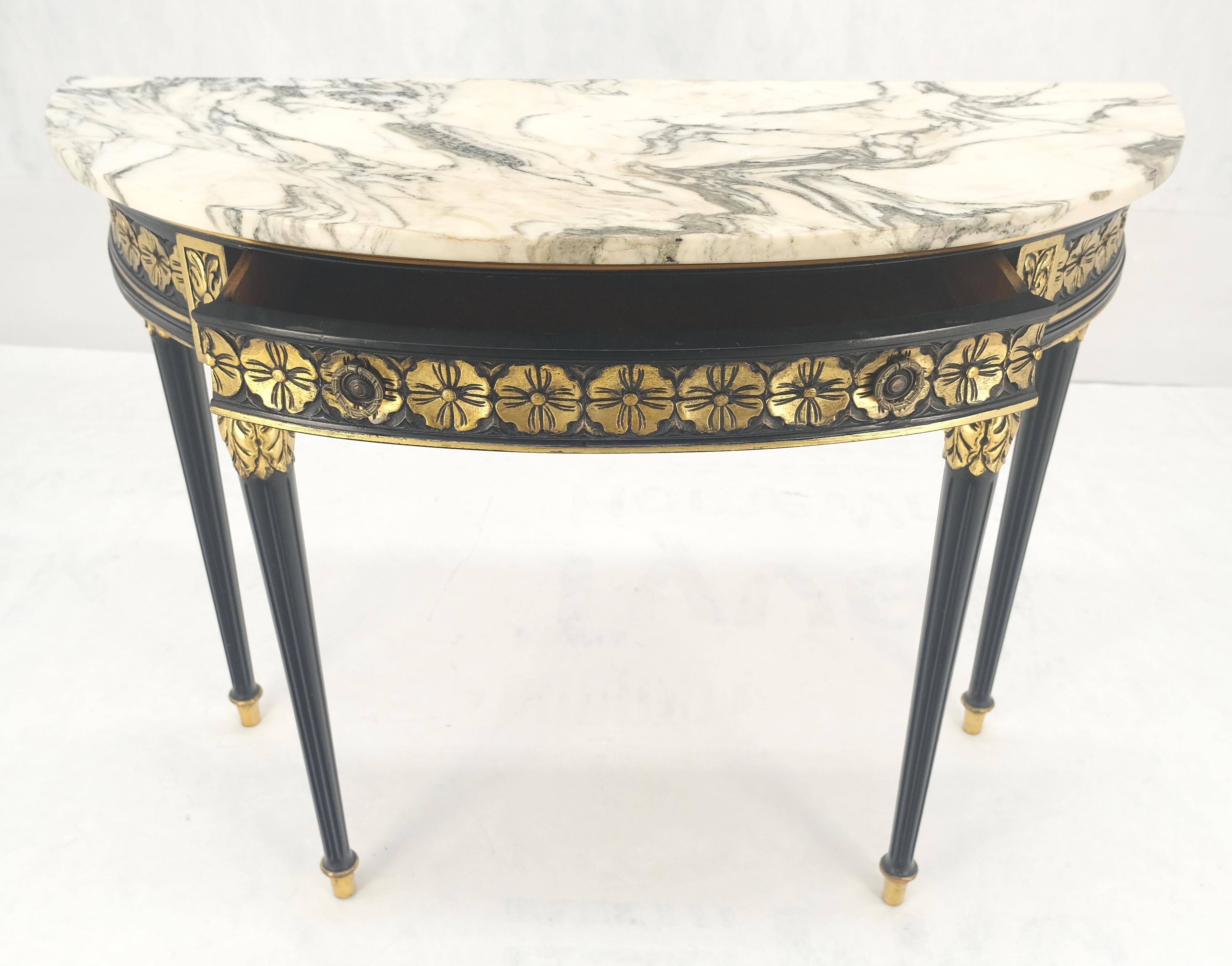 Hand-Painted Demilune Marble Top One Drawer French Style Gilt Console on Fluted Legs MINT For Sale