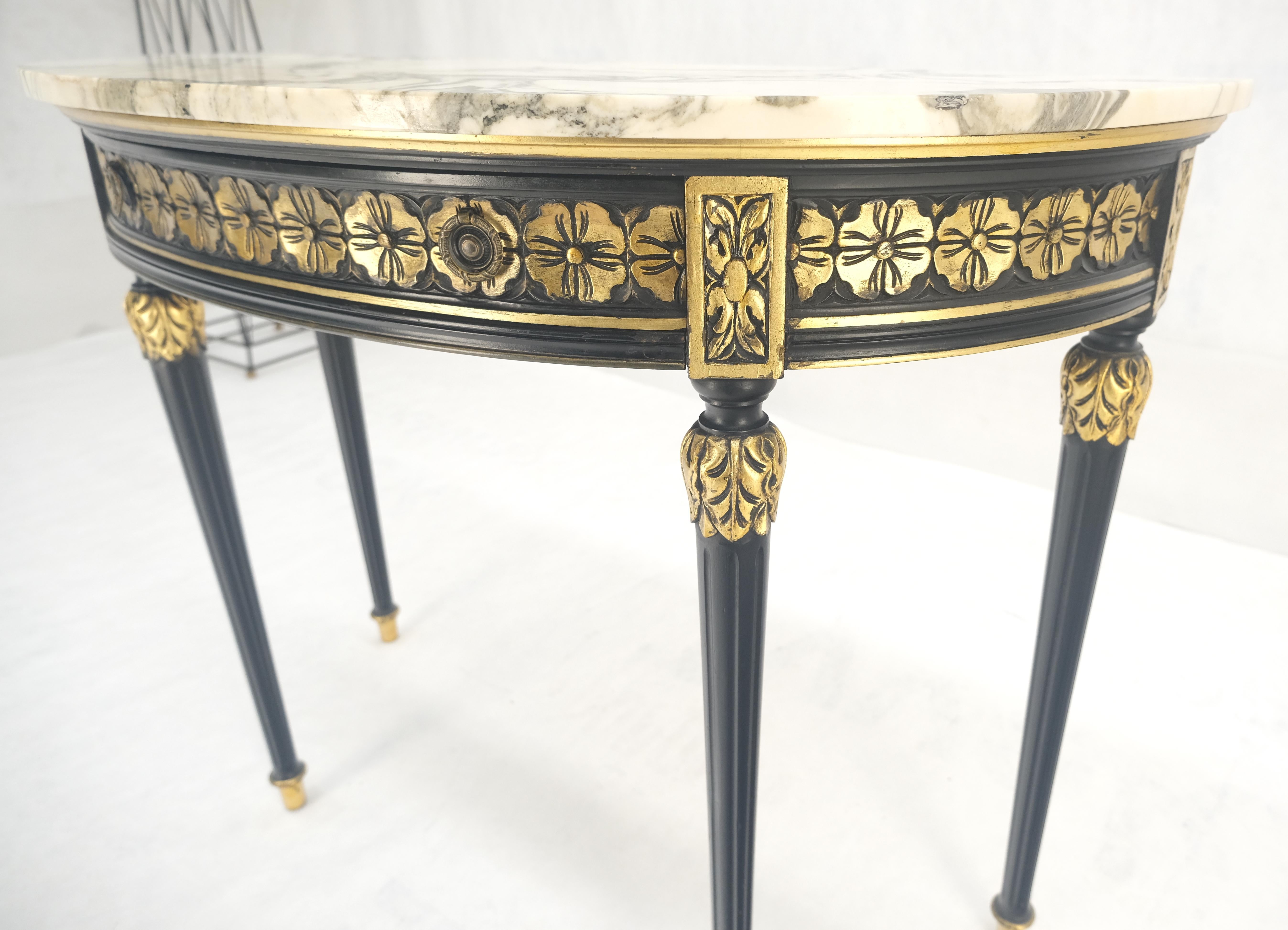 Brass Demilune Marble Top One Drawer French Style Gilt Console on Fluted Legs MINT For Sale