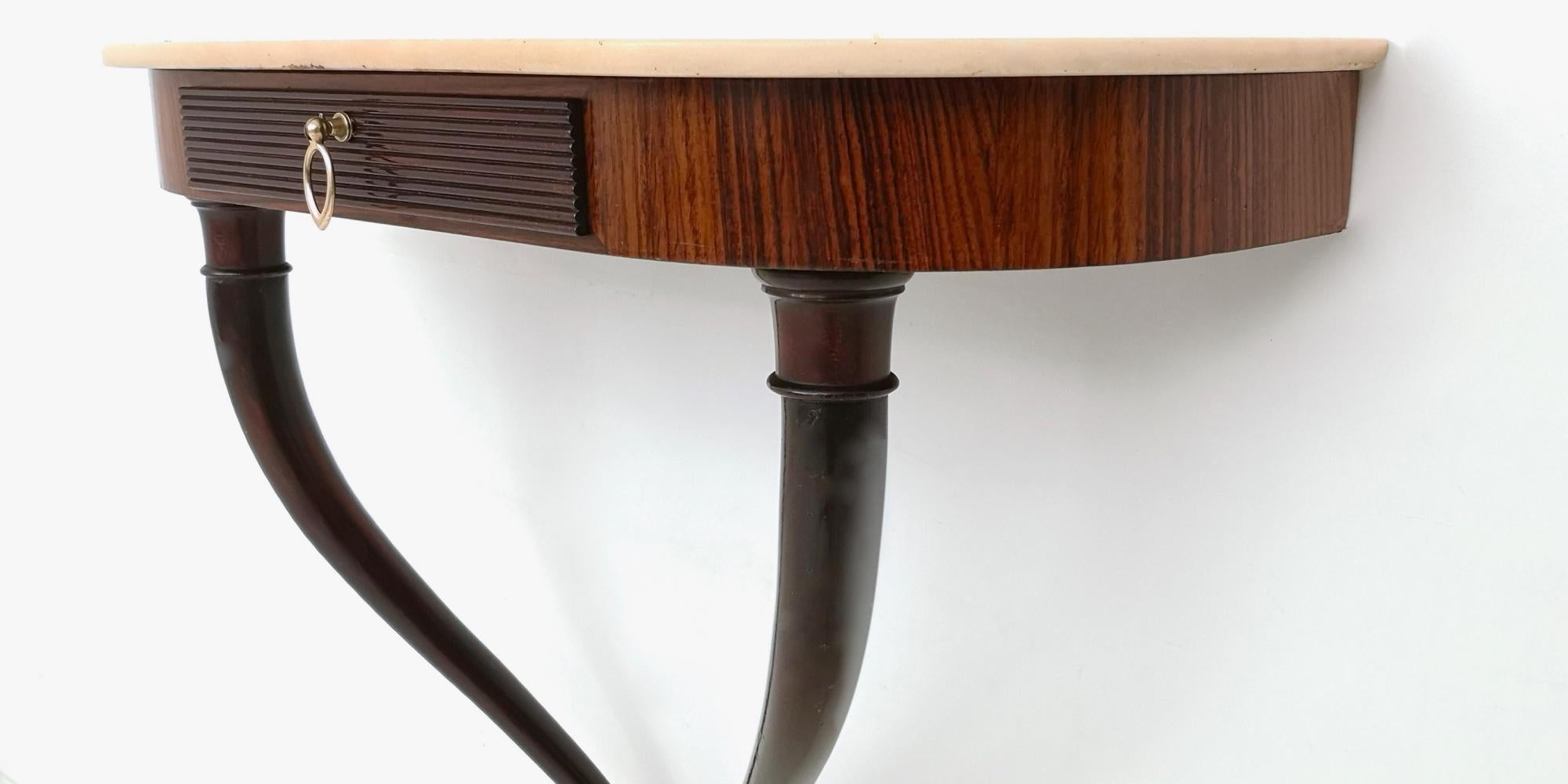 Brass Demilune Wood and Beech Wall-Mounted Console Table with Marble Top, Italy, 1950s