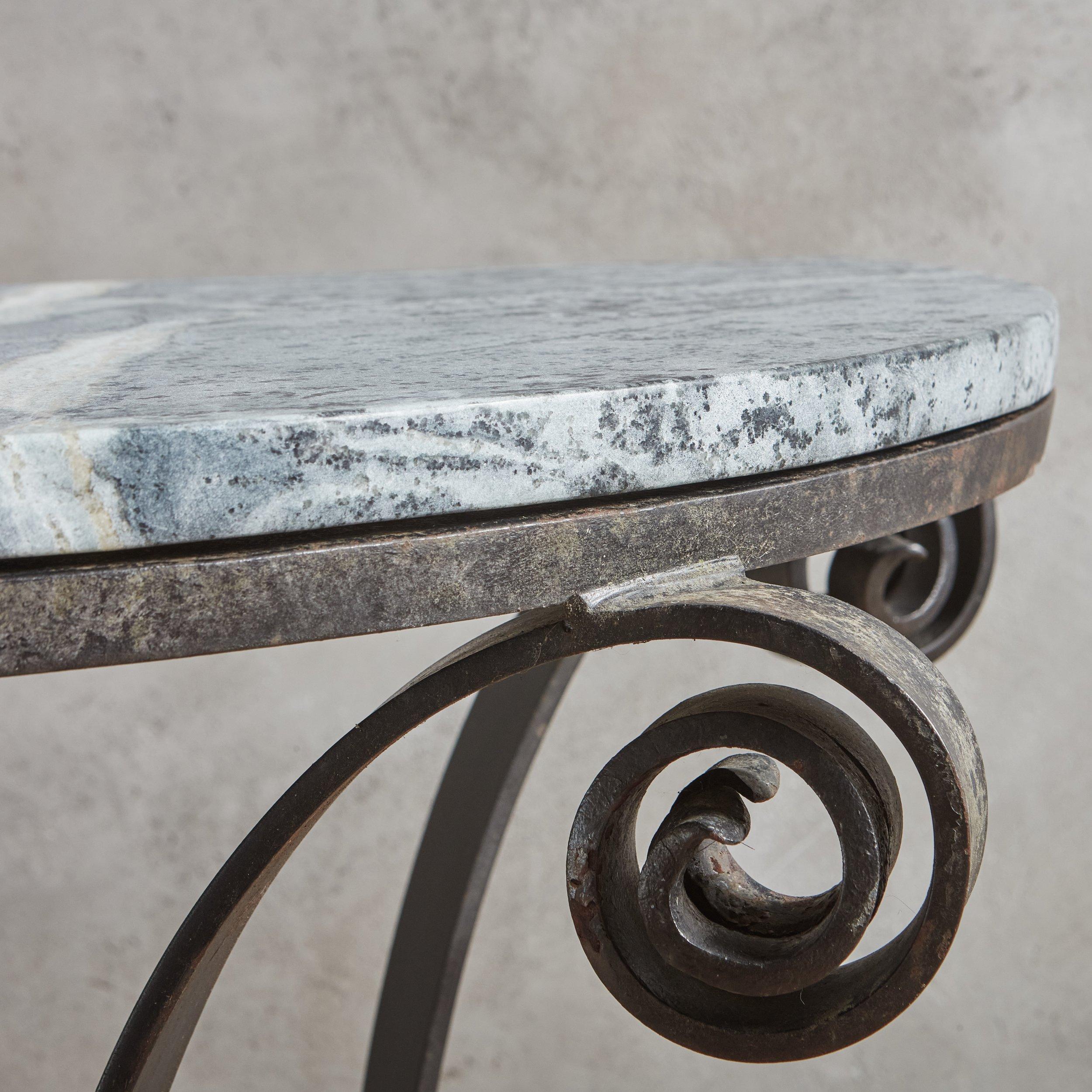 Metal Demilune Wrought Iron Base Console Table with Green SoapStone Top, France 1940s For Sale