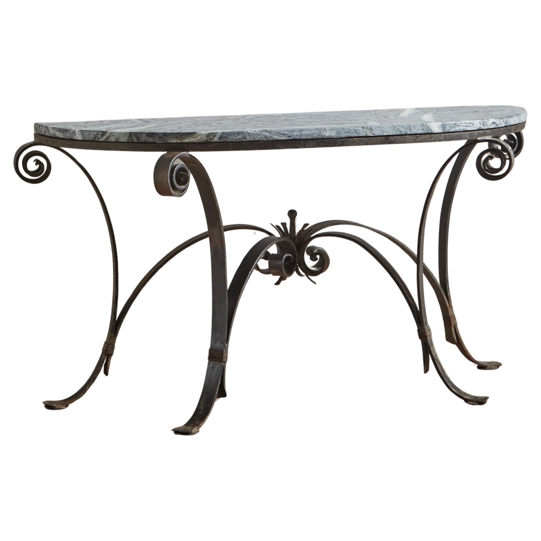 Demilune Wrought Iron Base Console Table with Green SoapStone Top, France 1940s For Sale