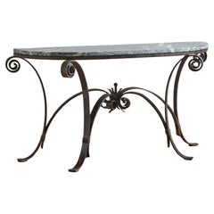 Demilune Wrought Iron Base Console Table with Green SoapStone Top, France 1940s