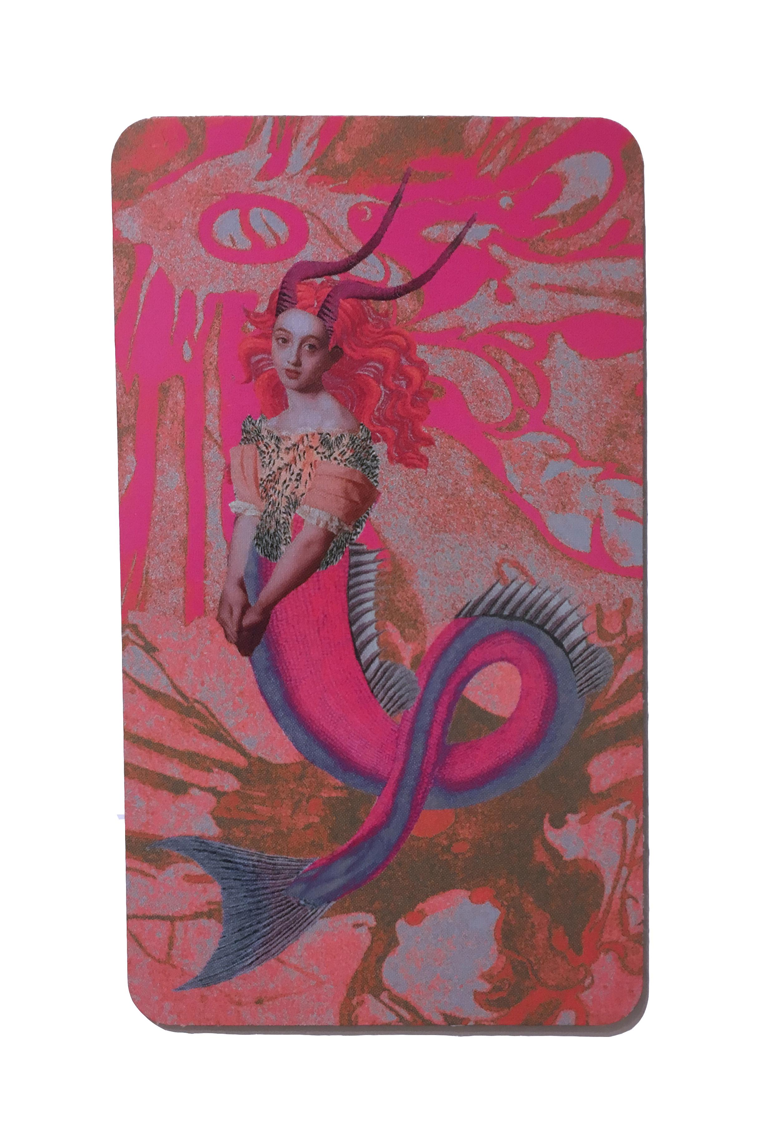 Capricorn, 2018, collage, print, figurative, gold, zodiac, horoscope, metallic - Pink Portrait Print by Deming King Harriman