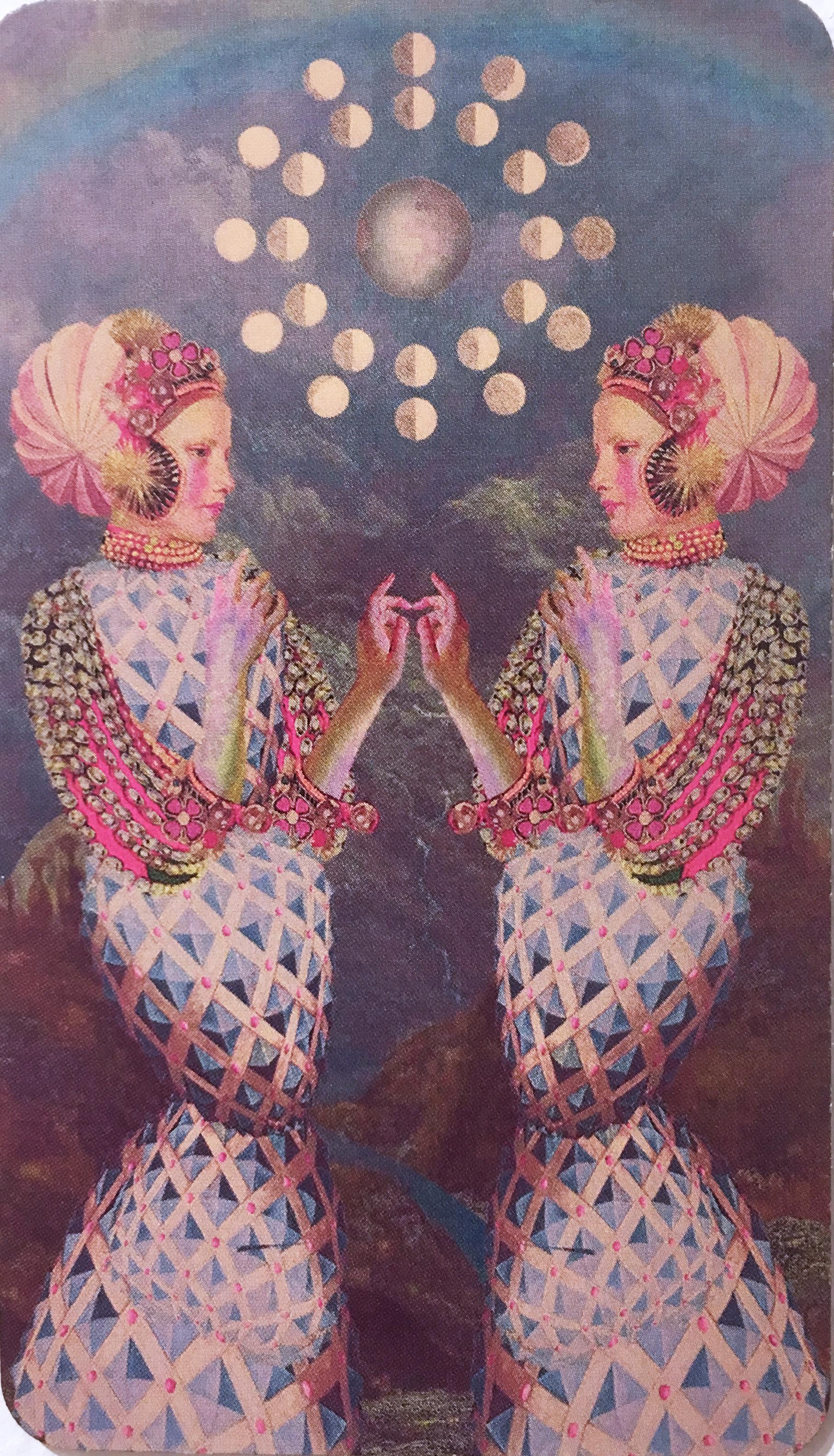 Gemini, 2018, collage, imprimé, figuratif, or, tarot, horoscope, bord métallique