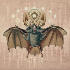 Isolation Art: Bat II, Surreal digital collage, lunar cycle, pastels, gold frame