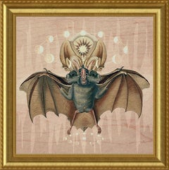 Isolation Art: Bat II, Surreal digital collage, lunar cycle, pastels, gold frame