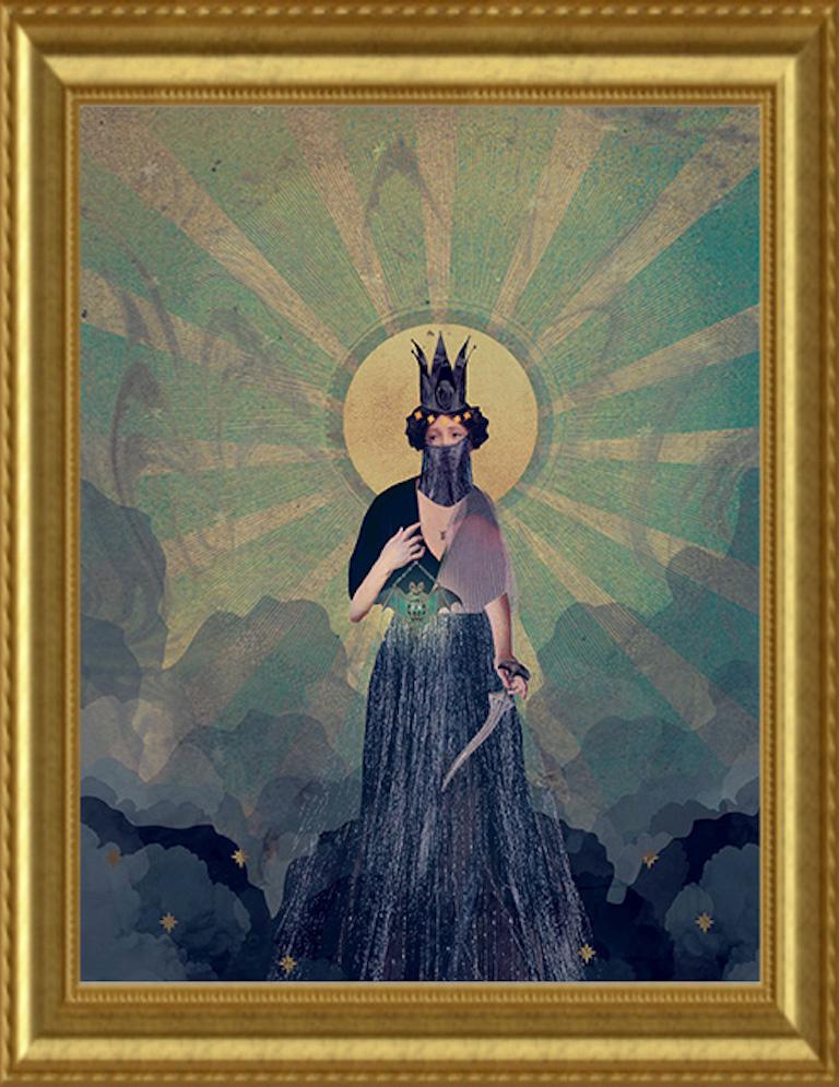 Isolation Art: Pandemic, Surreal digital collage figurative portrait, gold frame