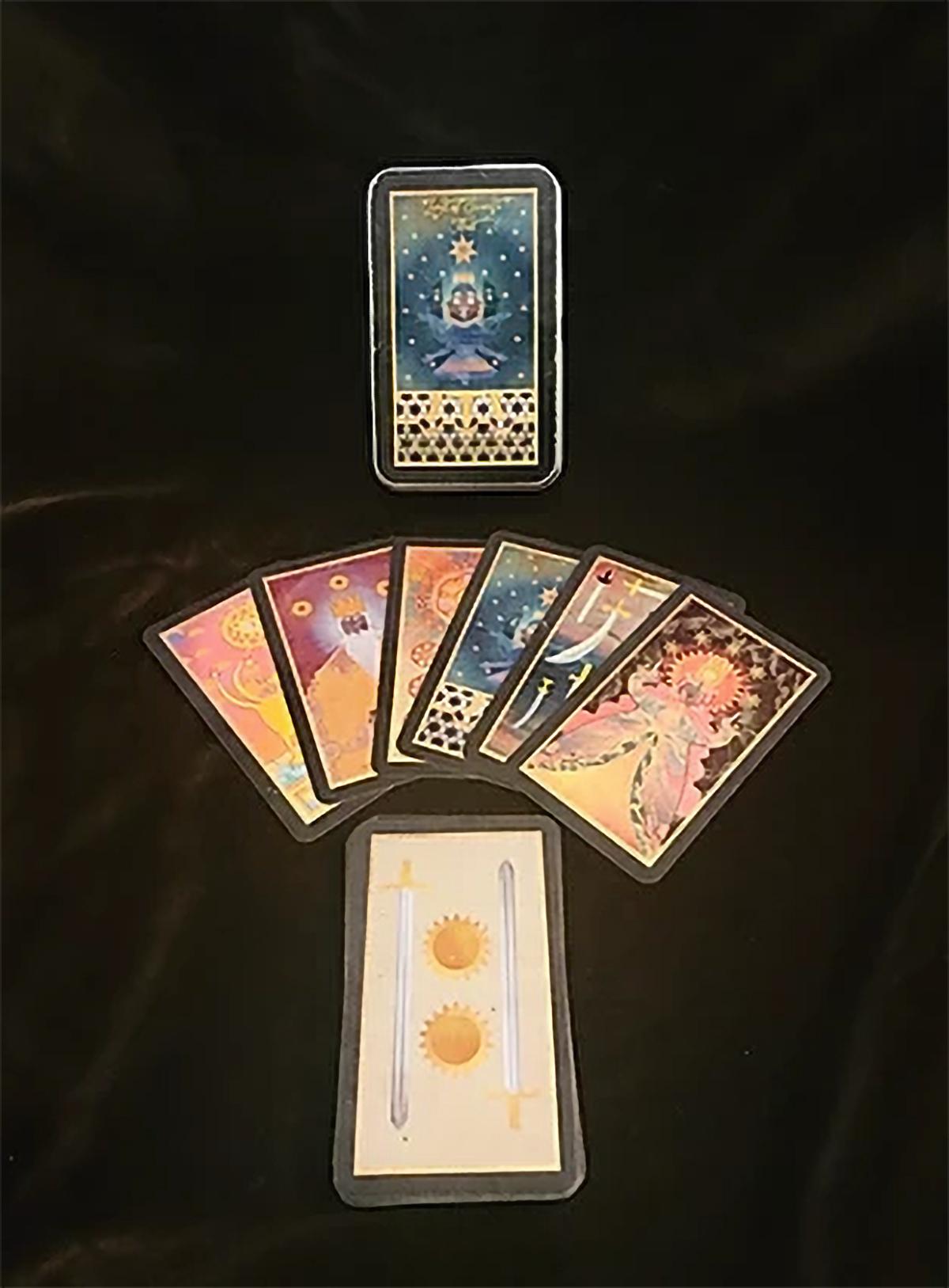 Land of Swords Tarot Cards, 2018, print, figurative, 27 card set, metallic box - Print by Deming King Harriman