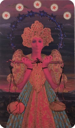 Bilancia, collage Zodiac, stampa, figurativo, oro, tarocchi, oroscopo, bordo metallico