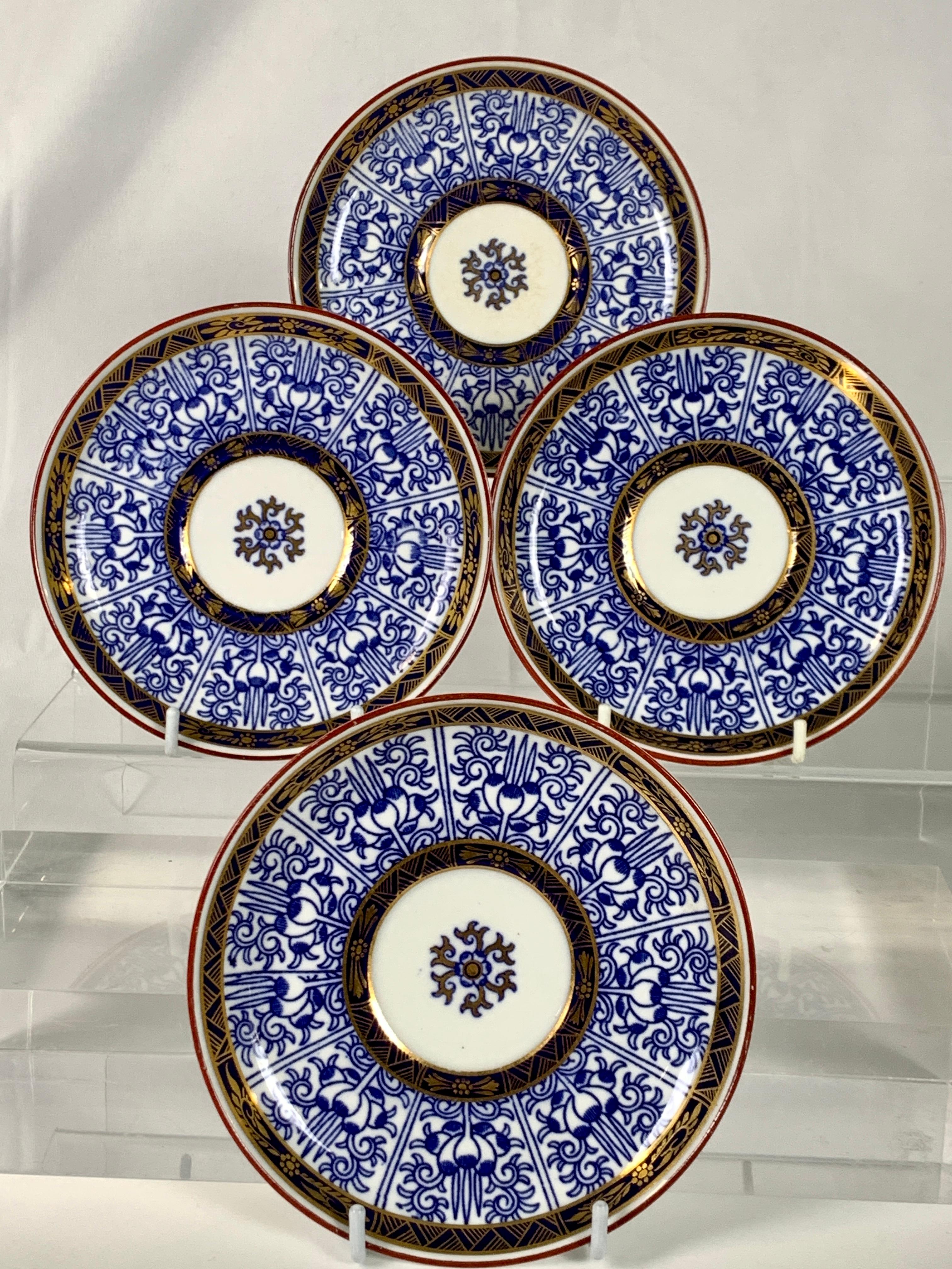 This set of four blue and white porcelain demitasse cups and saucers is beautifully painted in underglaze blue in the exquisite Worcester 