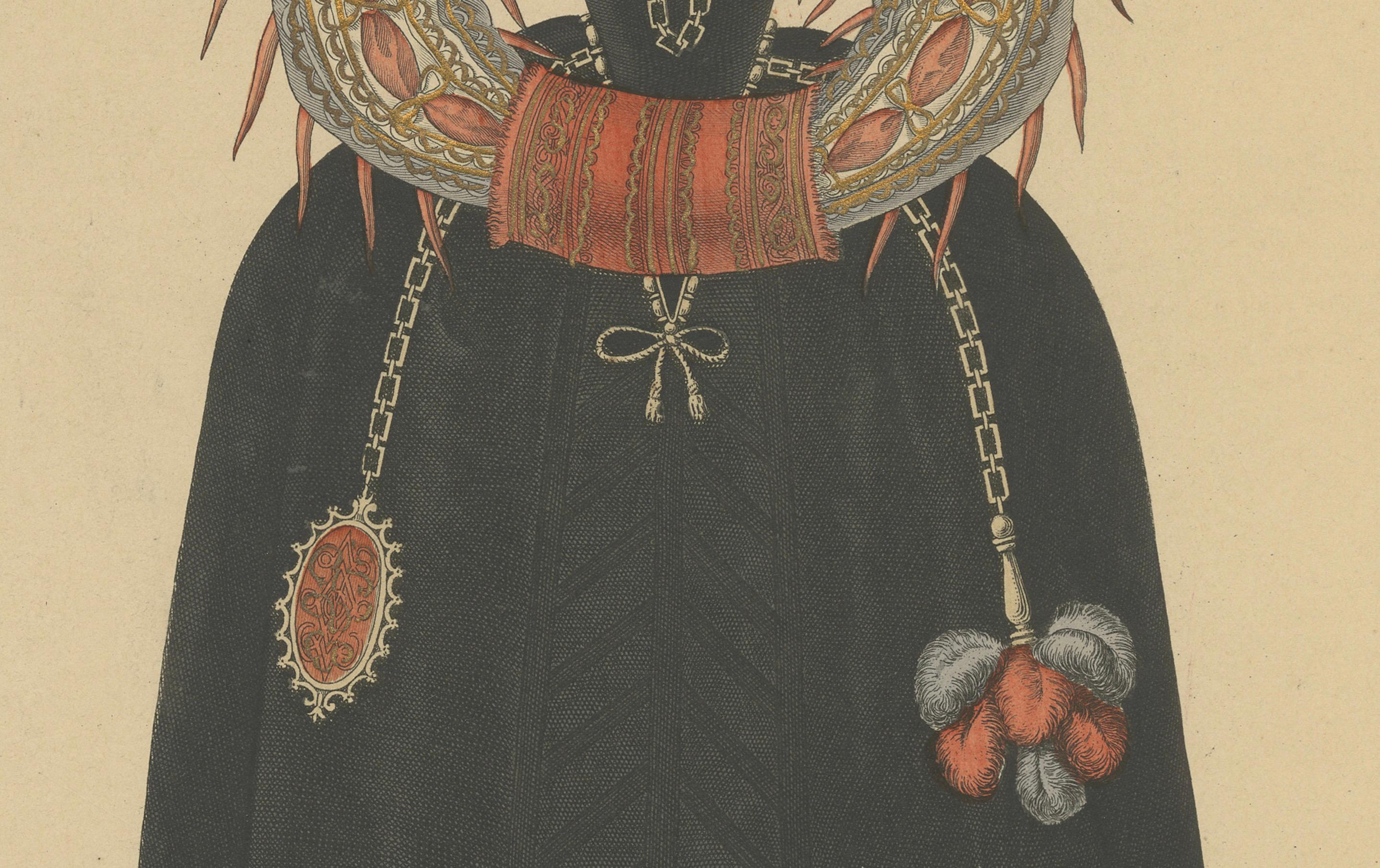 French Demoiselle en Masque, Court Lady of Henri III, handcoloured engraving, ca. 1900 For Sale