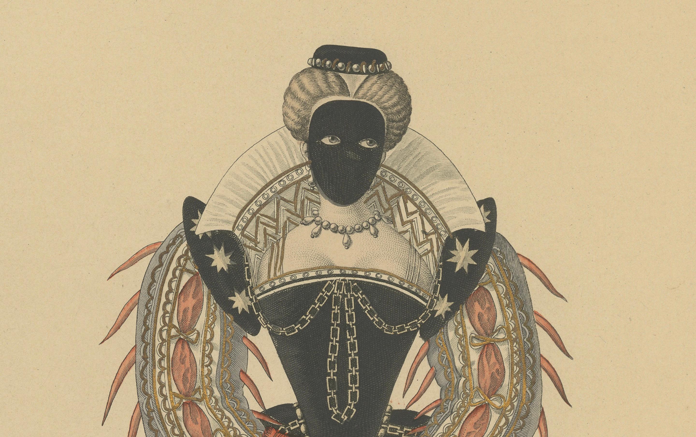 Demoiselle en Masque, Court Lady of Henri III, handcoloured engraving, ca. 1900 In Good Condition For Sale In Langweer, NL