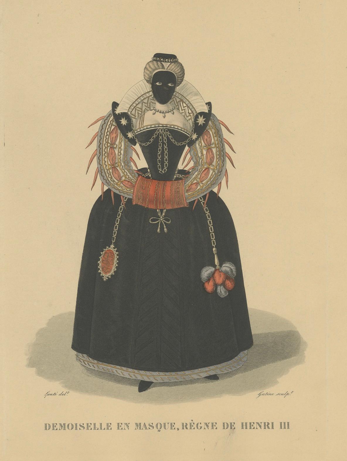 Early 20th Century Demoiselle en Masque, Court Lady of Henri III, handcoloured engraving, ca. 1900 For Sale