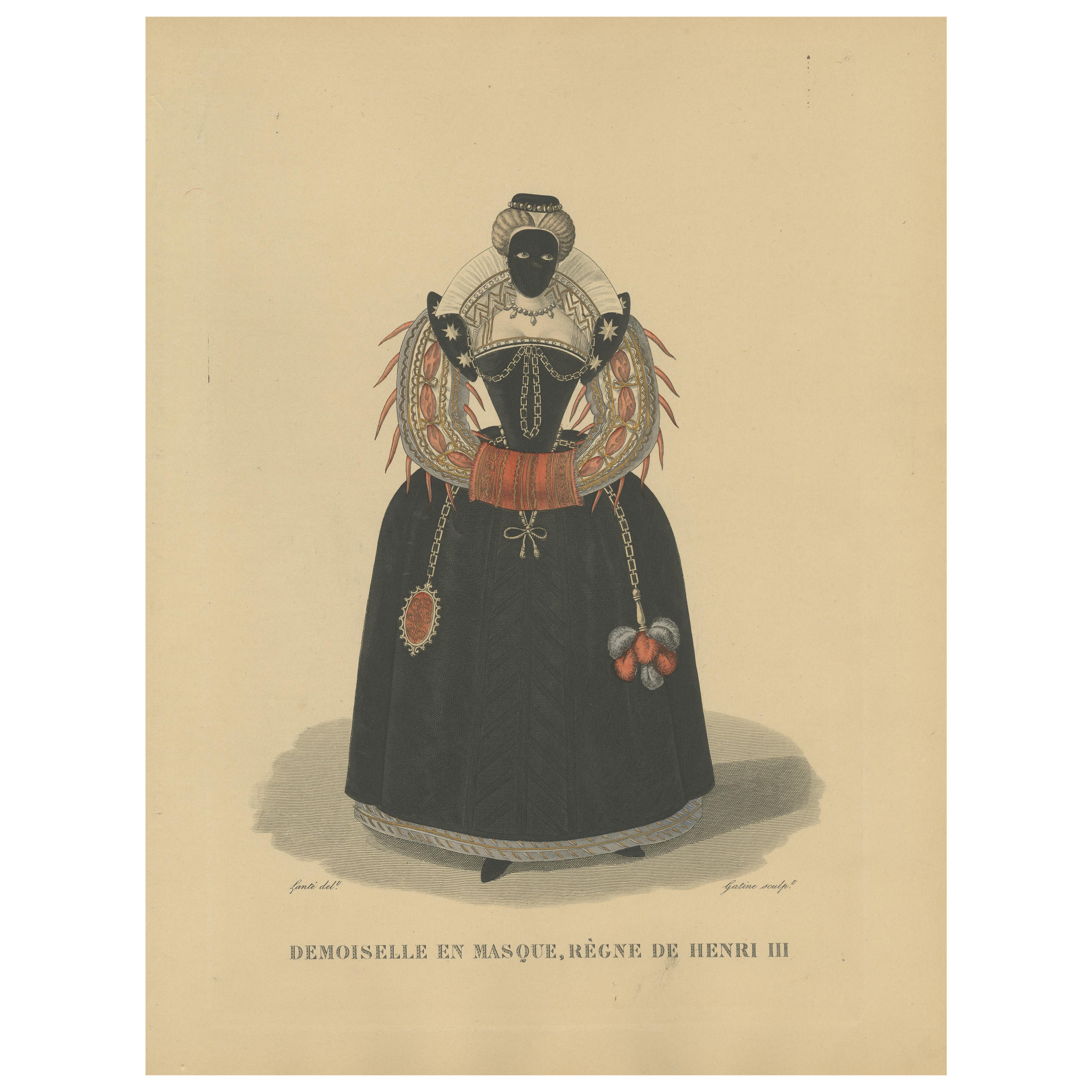 Demoiselle en Masque, Court Lady of Henri III, handcoloured engraving, ca. 1900 For Sale