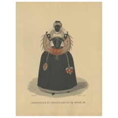 Demoiselle en Masque, Court Lady of Henri III, handcoloured engraving, ca. 1900
