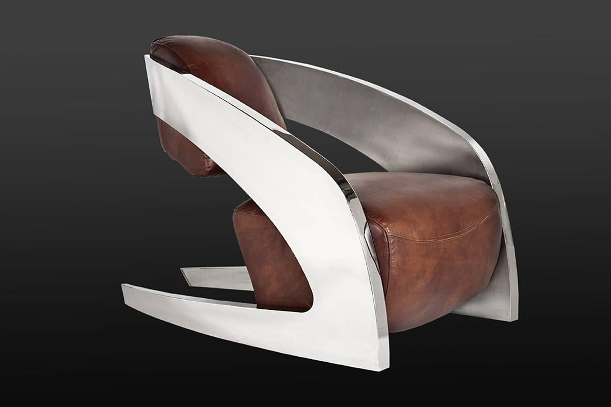 Italian Demon Armchair with Polished Stainless Steel and in Whisky or Black Finish For Sale