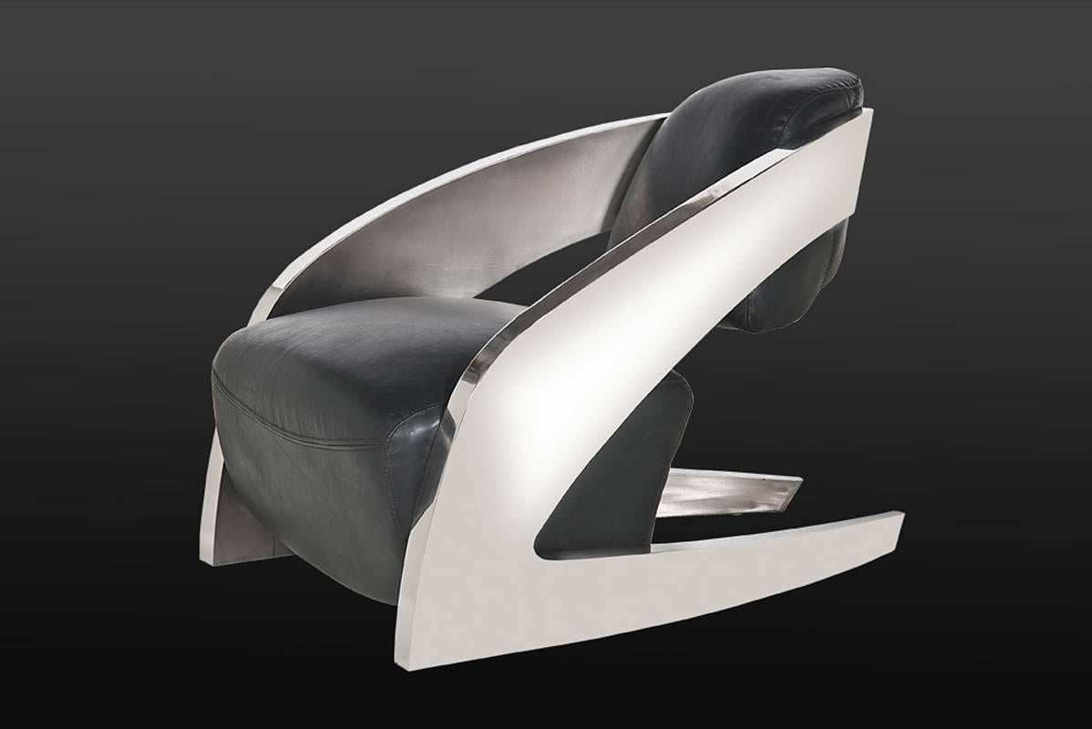 Contemporary Demon Armchair with Polished Stainless Steel and in Whisky or Black Finish For Sale