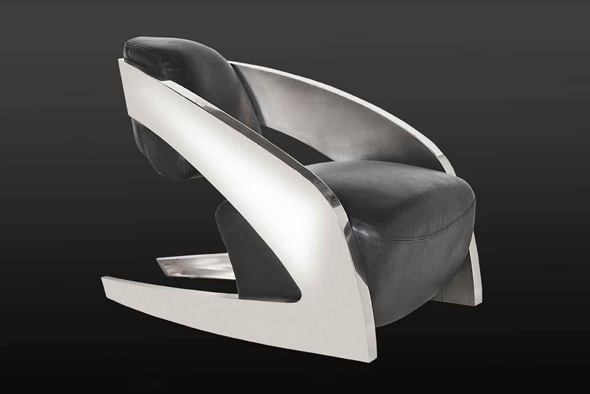 Demon Armchair with Polished Stainless Steel and in Whisky or Black Finish For Sale 1