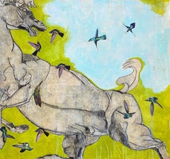 "Stallion and Hummingbirds" Mixed Media and Collage on Unstretched Canvas