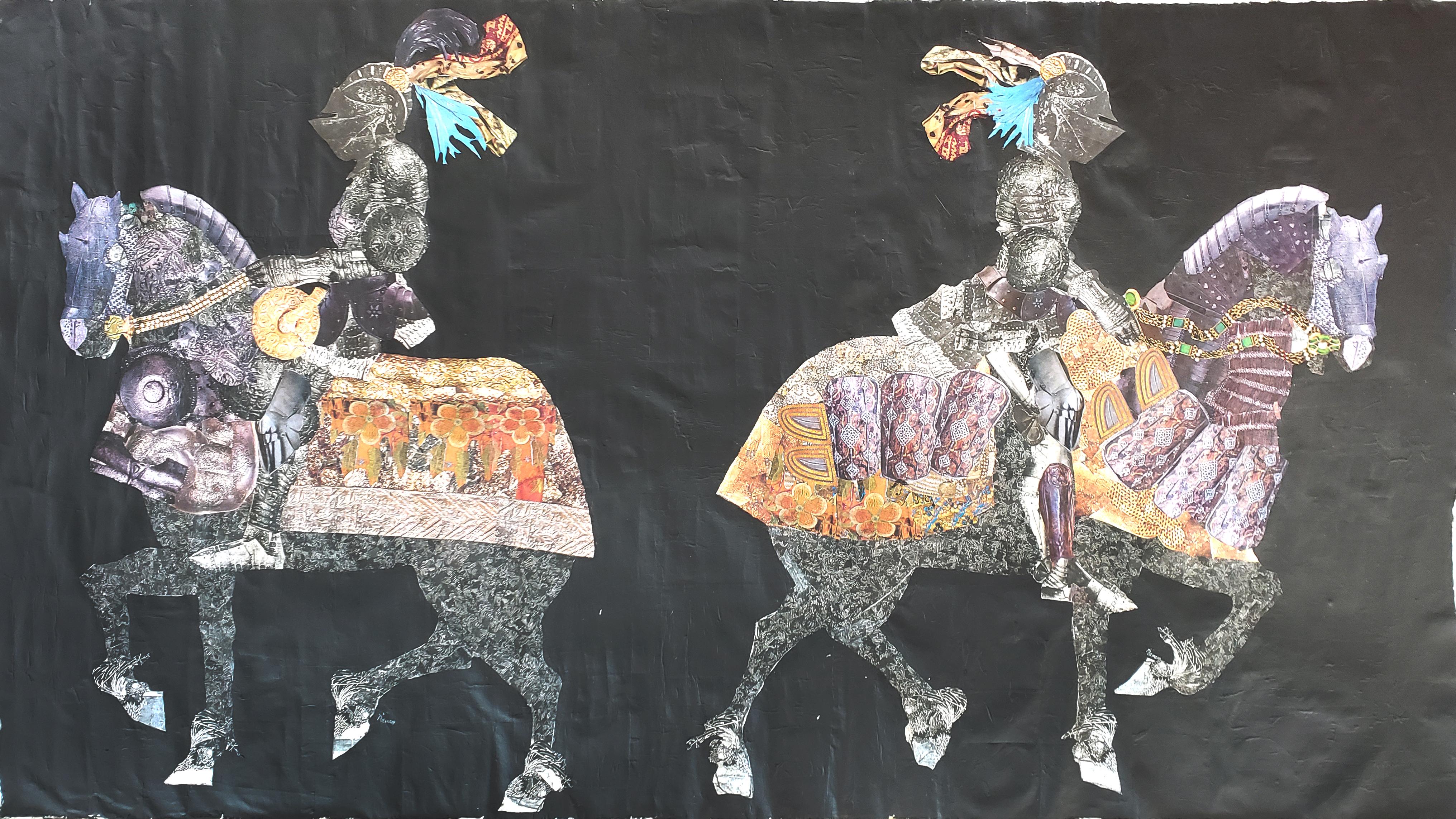 Demond Matsuo  Animal Painting - "Two Knights" 2018, Mixed Media, Collage and Paper on Unstretched Canvas