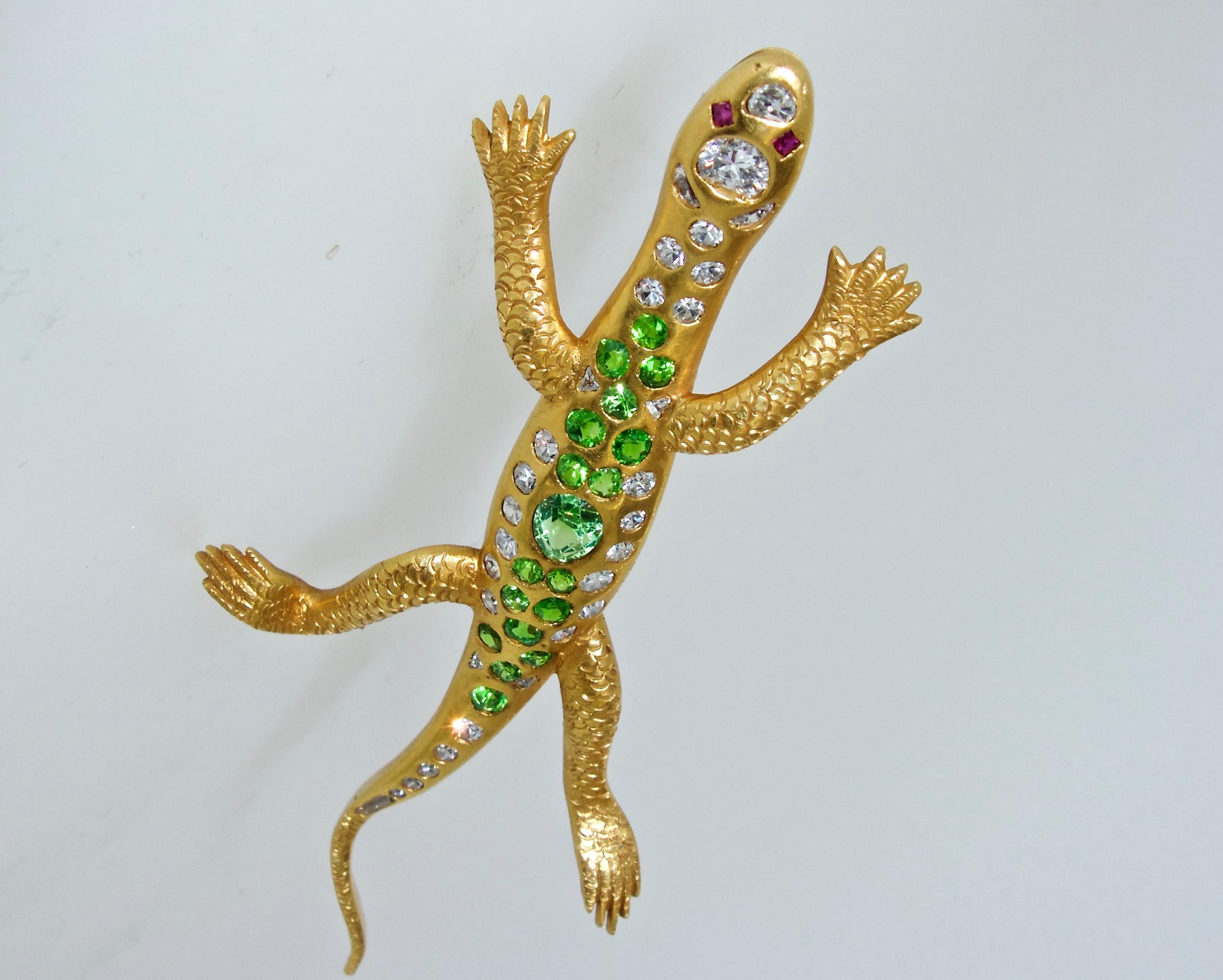Demontoid Garnet and Diamond Lizard Brooch, C.D. Peacock (Edwardian)