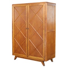 Demountable French Blond Oak Wardrobe with Diamond Pattern Doors, France, 1950s