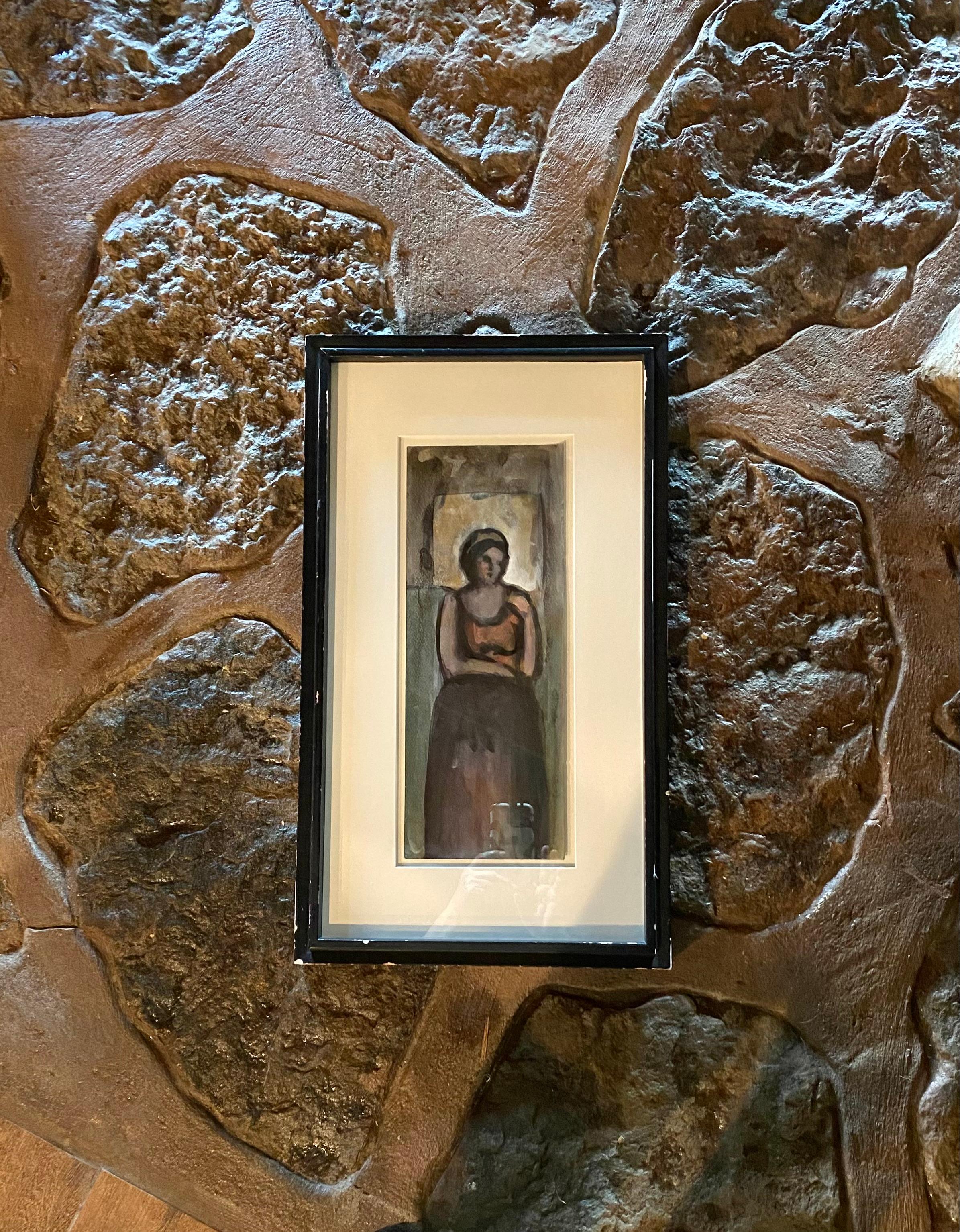 Un ritratto enigmatico di una donna pudica in posa riflessiva.

Dipinto originale a guazzo e acquerello, profondo e ricco, incorniciato a metà del XX secolo. L'opera d'arte sembra essere leggermente più vecchia, risalendo agli anni '30 o '40 sulla