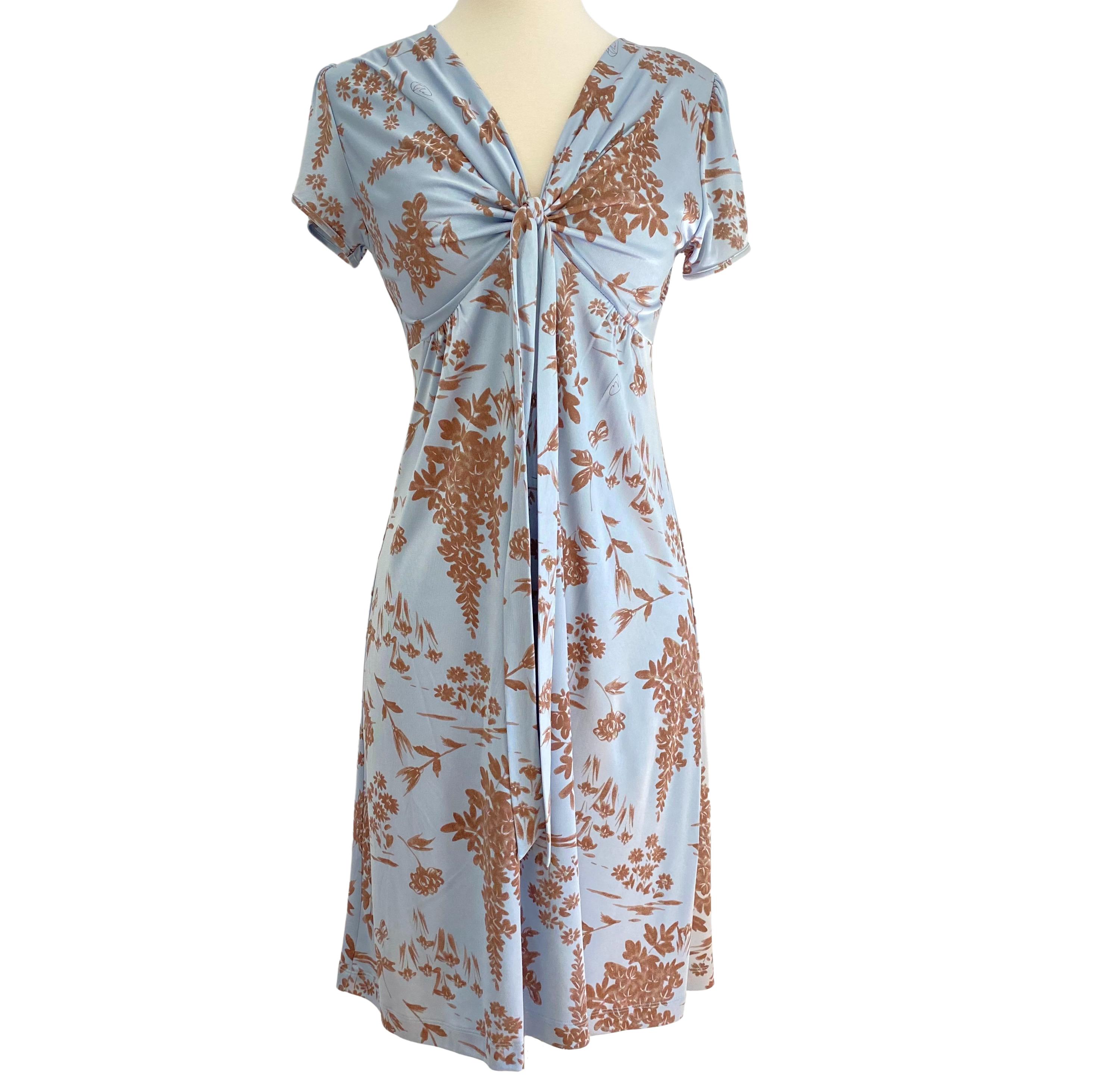 Gray Wheatberry Pale Blue Flora Kung Puff Sleeve Plunge V Silk Dress NWT For Sale