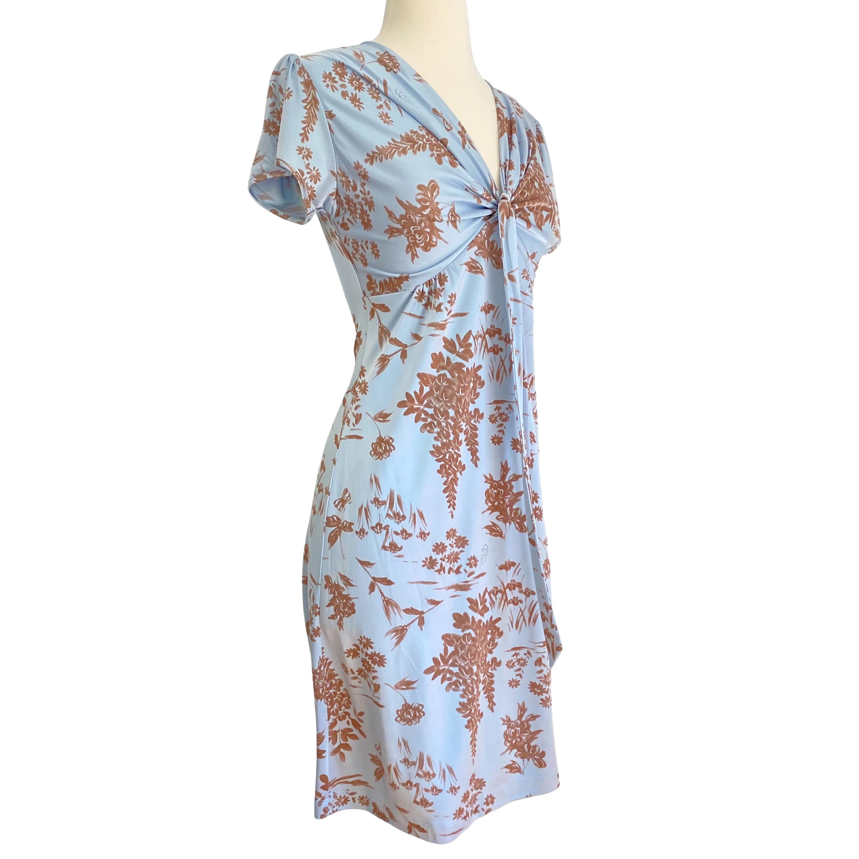 Wheatberry Pale Blue Flora Kung Puff Sleeve Plunge V Silk Dress NWT In New Condition For Sale In Boston, MA