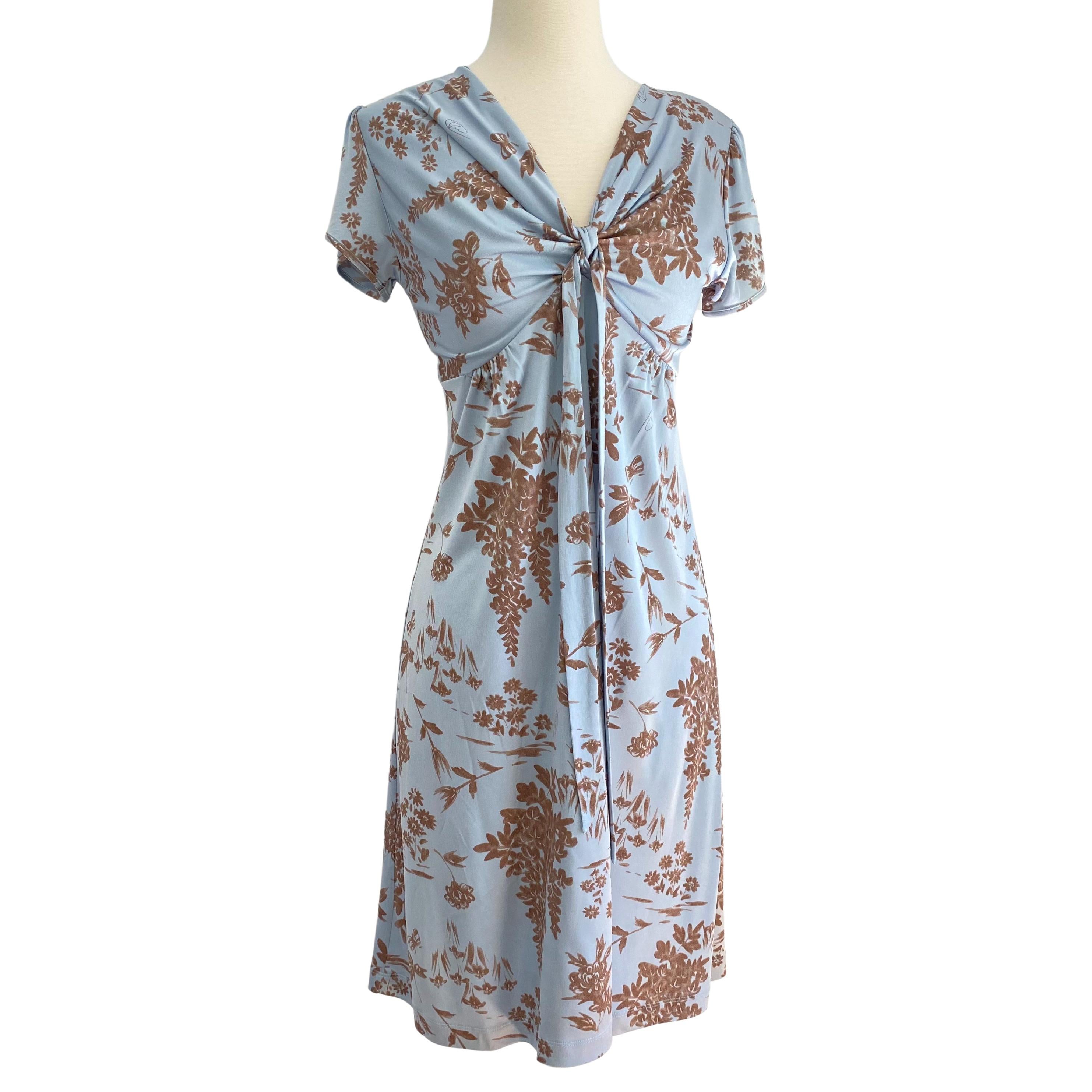 Women's Wheatberry Pale Blue Flora Kung Puff Sleeve Plunge V Silk Dress NWT For Sale