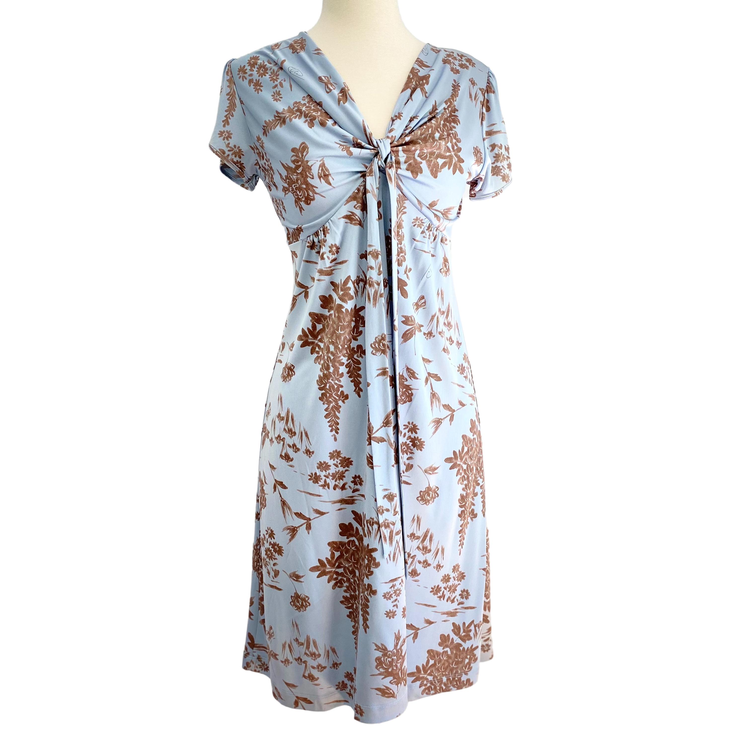 Wheatberry Pale Blue Flora Kung Puff Sleeve Plunge V Silk Dress NWT For Sale 1