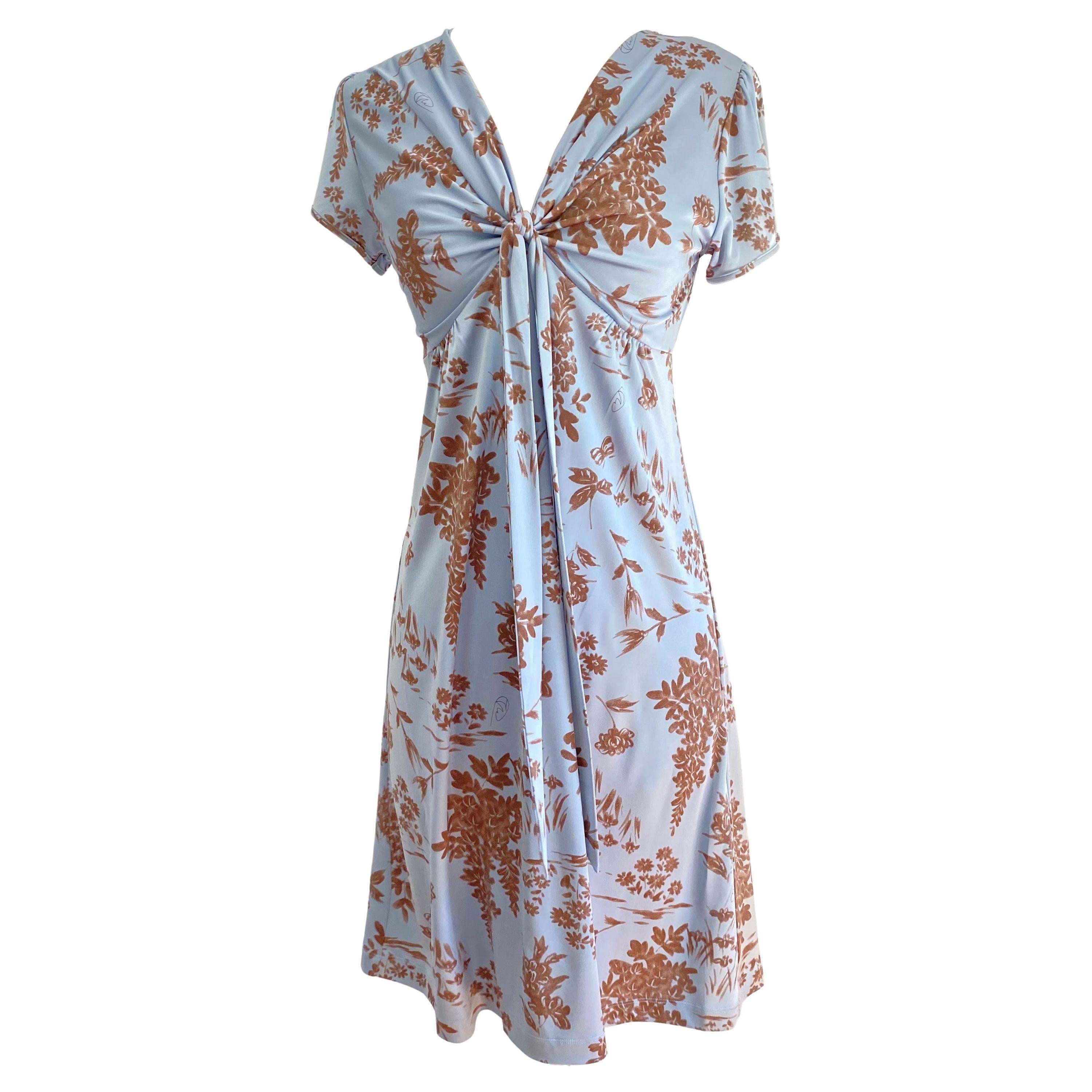 Wheatberry Pale Blue Flora Kung Puff Sleeve Plunge V Silk Dress NWT For Sale