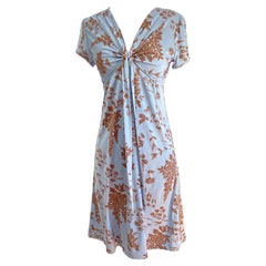 Wheatberry Pale Blue Flora Kung Puff Sleeve Plunge V Silk Dress NWT