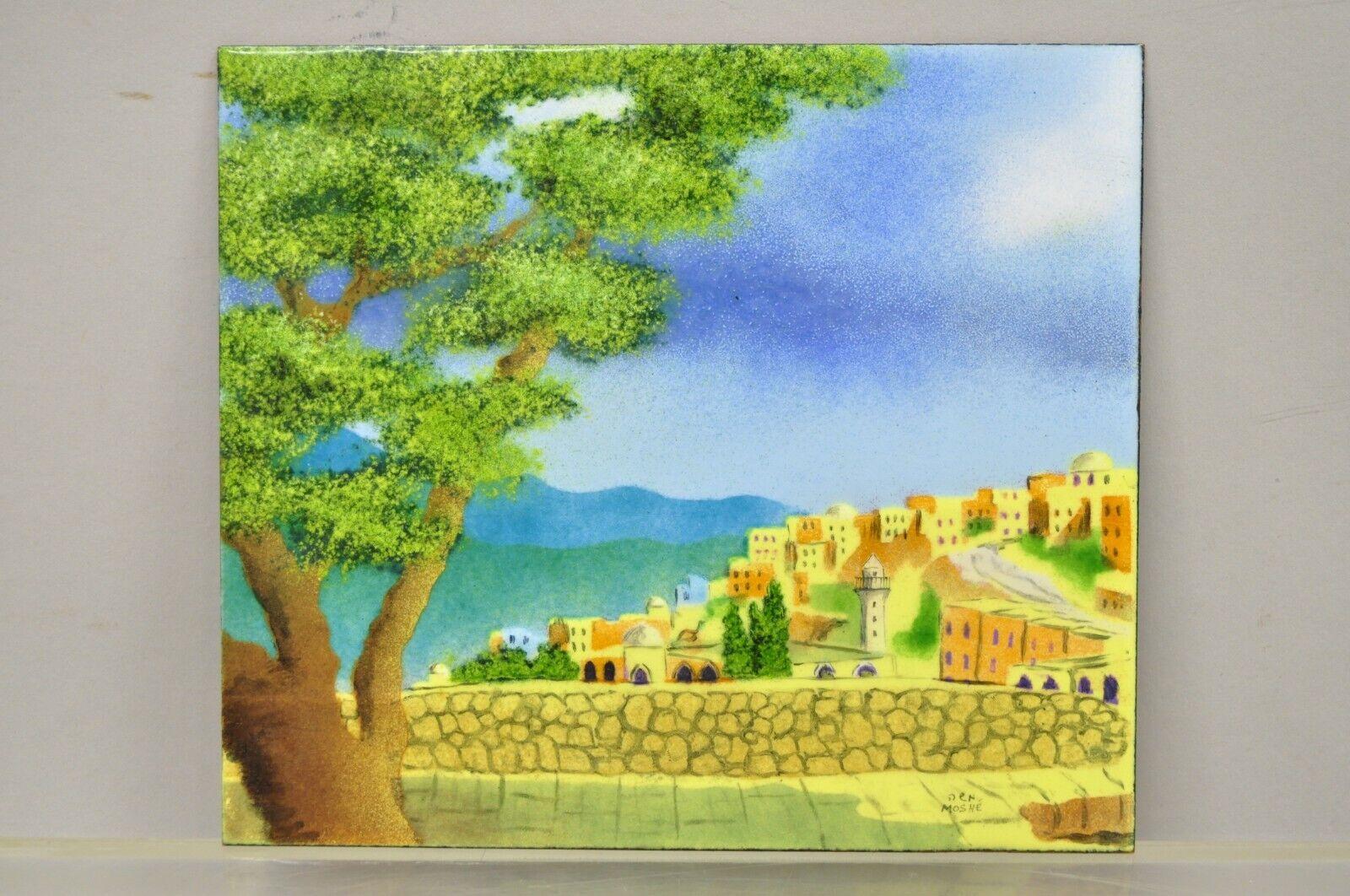 Den Moshe Signed Enamel on Copper Small Painting Yellow Countryside Art For Sale 5