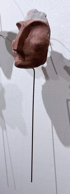 Red Clay Sage (2022), terracotta concrete abstract face sculpture, metal wire