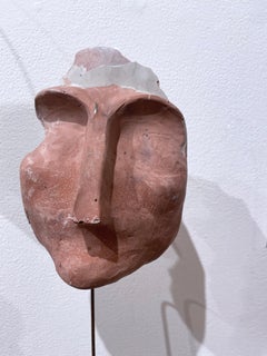 Red Clay Sage (2022), terracotta concrete abstract face sculpture, metal wire