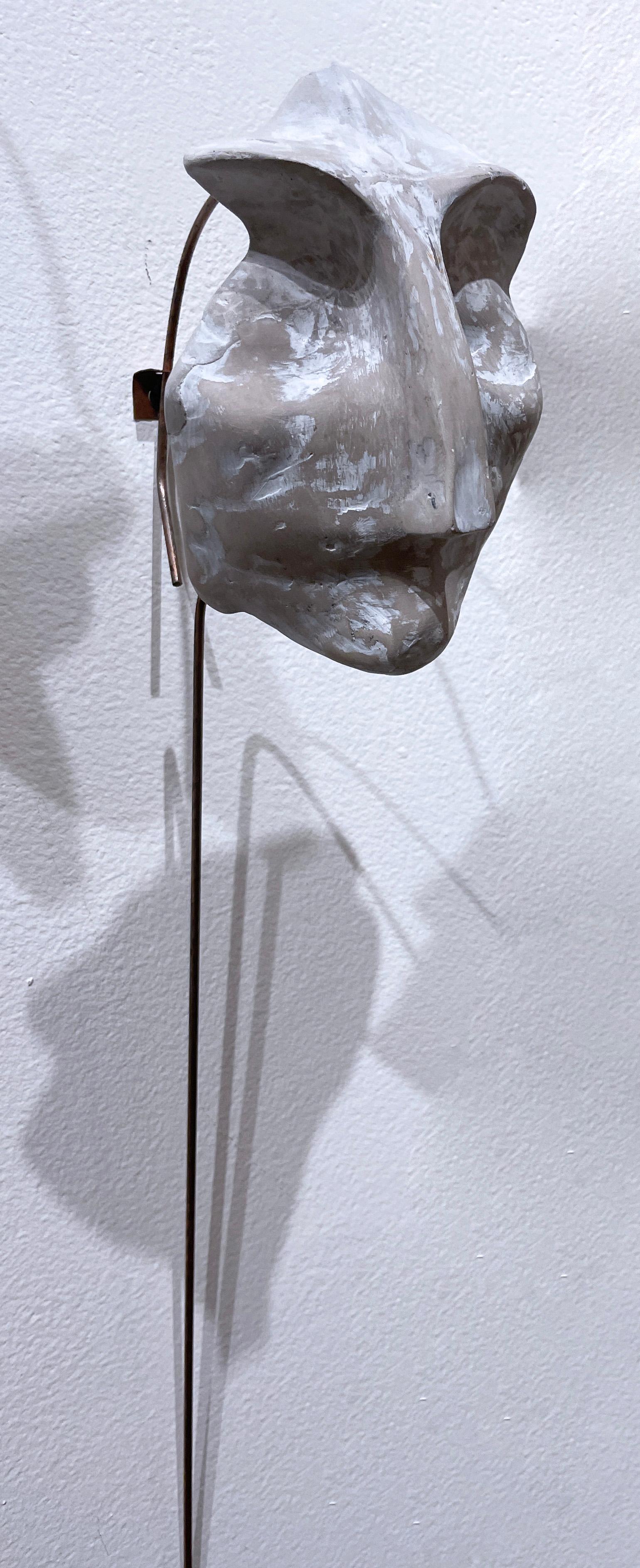 Whitewashed Sage (2022), gray white concrete face sculpture, metal wire, earthy - Sculpture by Dena Paige Fischer
