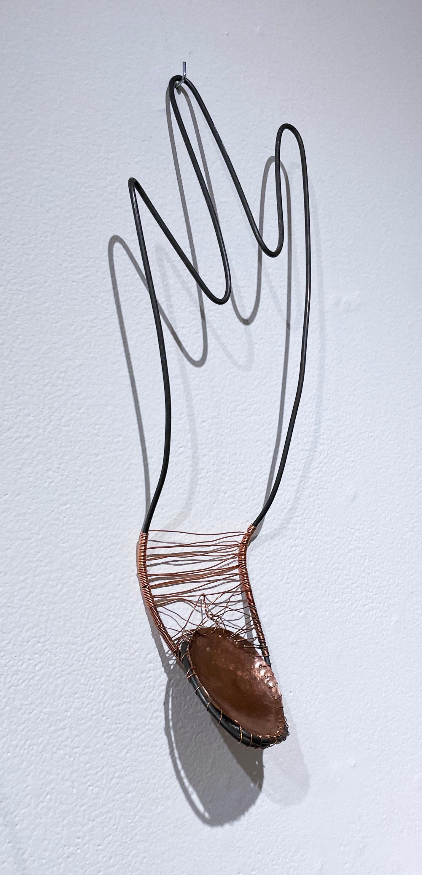 Biomorphic and earthy yet industrial style wall or tabletop sculpture.  Abstract wire form with hammered copper plate and wrapped copper wire.  The piece is smooth and rough. Abstract geometric and abstract expressionist design with hard and round