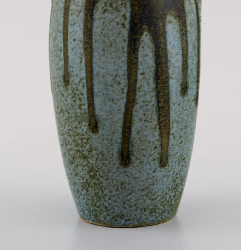 Modern Denbac, France, Vase with Handles in Glazed Ceramic, Beautiful Running Glaze For Sale
