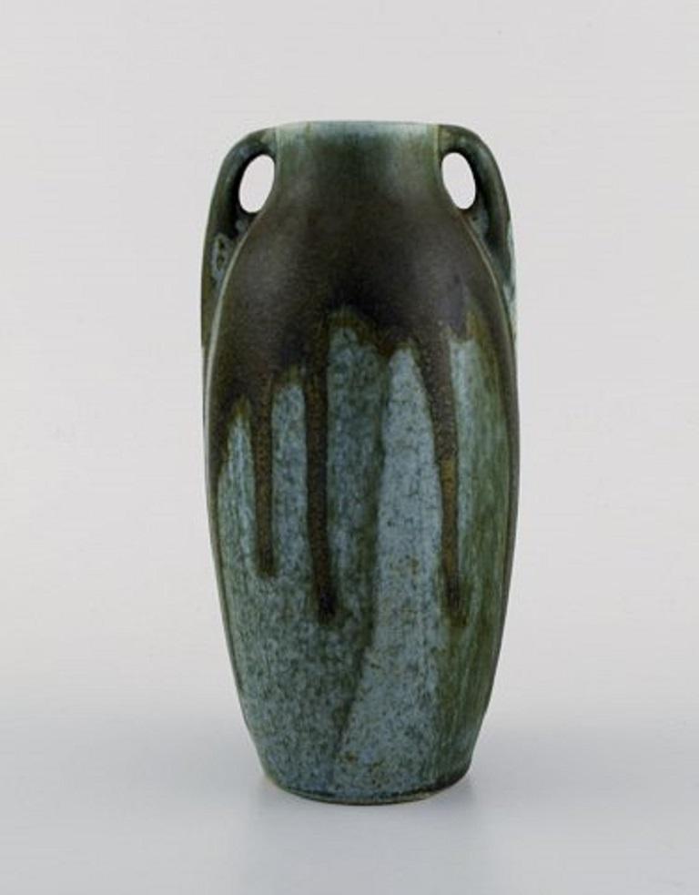 French Denbac, France, Vase with Handles in Glazed Ceramic, Beautiful Running Glaze For Sale