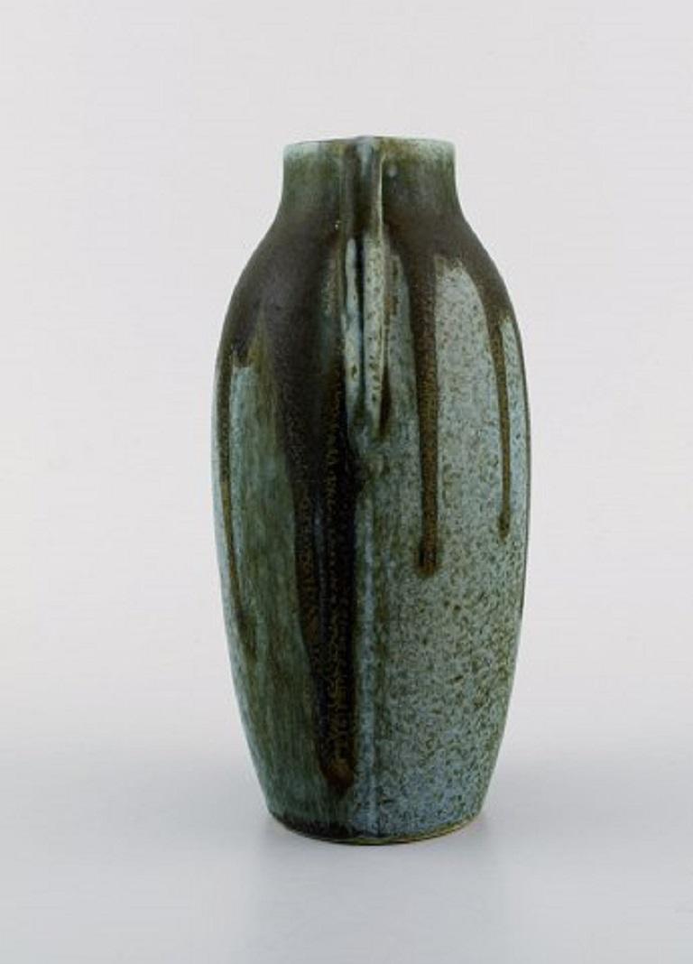 Denbac, France, Vase with Handles in Glazed Ceramic, Beautiful Running Glaze In Excellent Condition For Sale In Copenhagen, DK