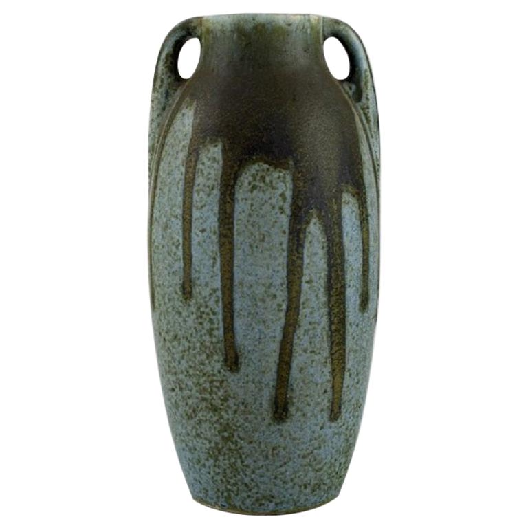 Denbac, France, Vase with Handles in Glazed Ceramic, Beautiful Running Glaze For Sale