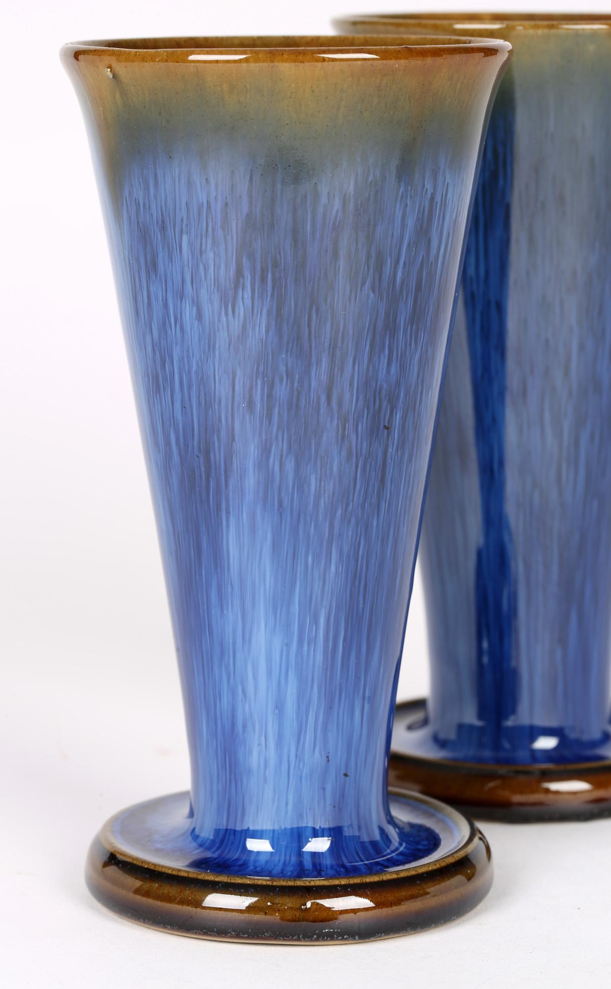 Denby Danesby Art Deco Pair Blue Streak Glazed Stoneware Vases 1