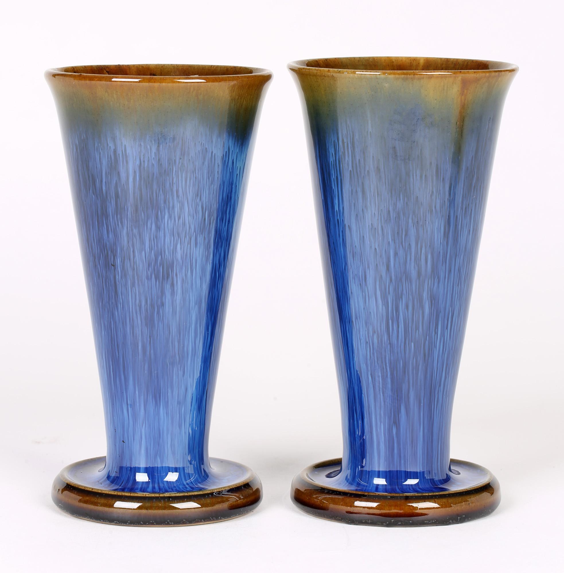 English Denby Danesby Art Deco Pair Blue Streak Glazed Stoneware Vases