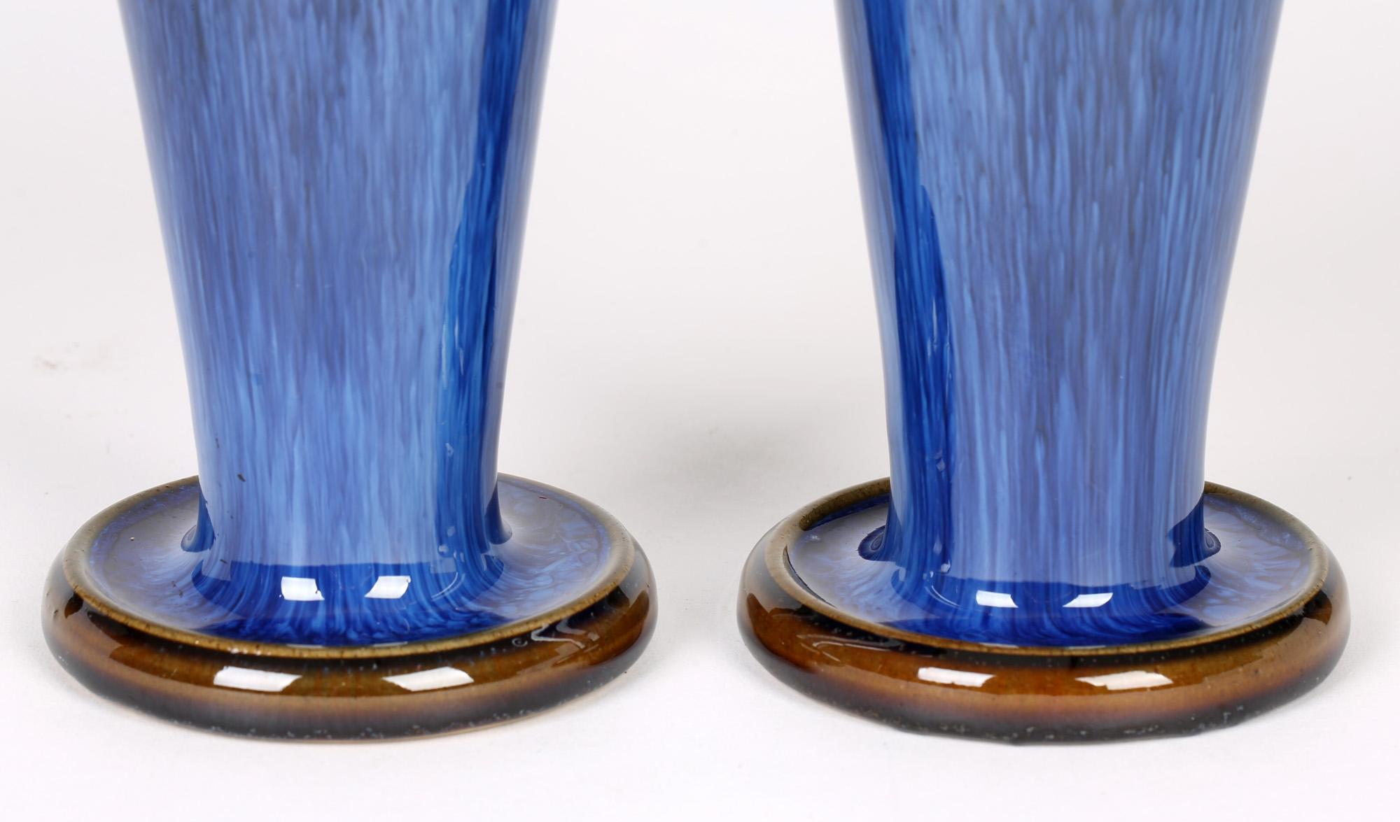 Denby Danesby Art Deco Pair Blue Streak Glazed Stoneware Vases In Good Condition In Bishop's Stortford, Hertfordshire